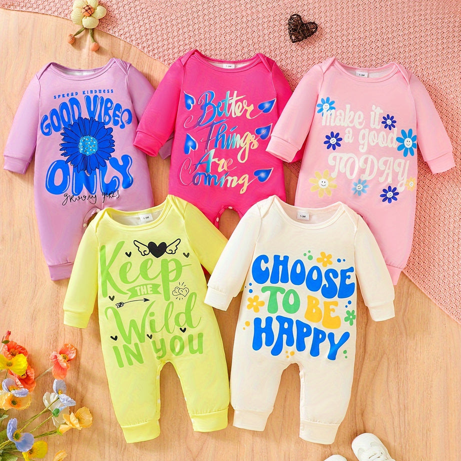 Five-Piece Newborn Baby Girls Gift Set - Ultra-Soft Cartoon Character Print Jumpsuit Climbing Clothes with Stretchy Elastic - Complete Outfit for Newborn Girls with Adorable Design