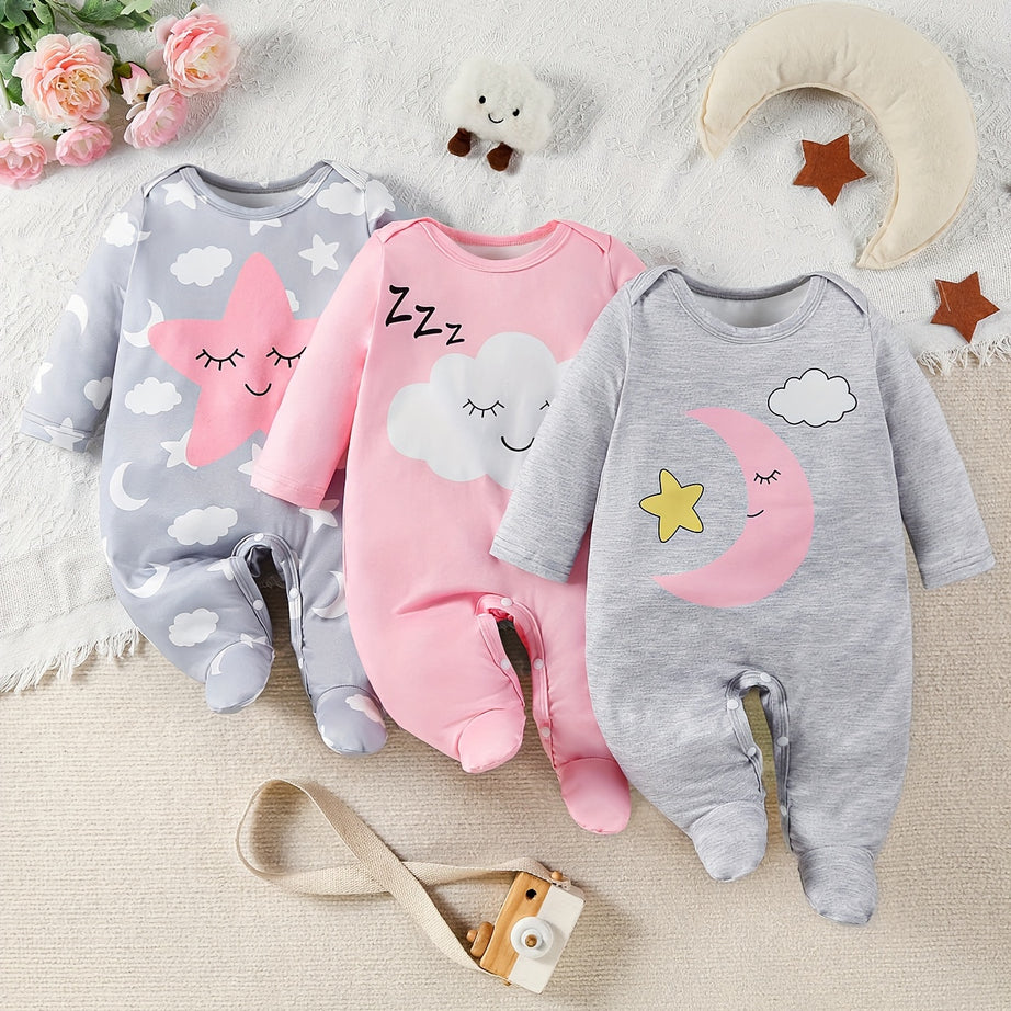 3pcs Adorable Cloud Pattern Footed Bodysuit - Soft, Casual, Long Sleeve Romper for Toddler & Infant Girls - Perfect Gift for Baby Showers