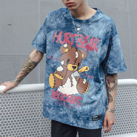 VEGORRS European And American Street Ins Summer New Tie-Dye Bear Print Short-Sleeved Couple Loose T-shirt Male