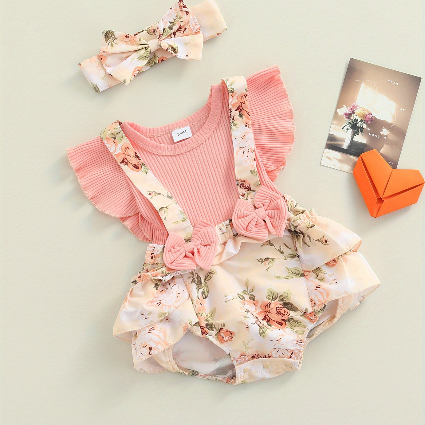 Adorable 0-18 Months Baby Girls' Two-Piece Floral Romper Set - Pink Fly Sleeves, Bow Knot Headdress, Soft Fabric, Comfortable Wear, Cute Design, Perfect for Daily, Party, and Photo Shoot Occasions