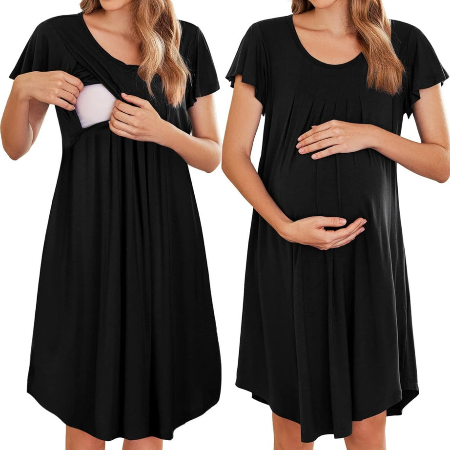 Nursing Nightown Labor and Delivery Gown for Hospital Pleated Breastfeeding Dress Short Sleeve Maternity Sleepwear