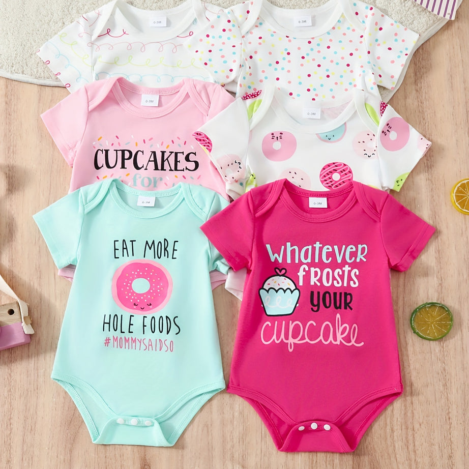 6pcs Adorable Newborn Baby Girls' Cartoon Cake Donuts Egg Cake Pattern Print Comfy Triangle Romper Set - Soft Cotton, Short-Sleeved, Easy Wear, Cute Design, Perfect for Daily Wear, Photo Shoot, and Special Occasions