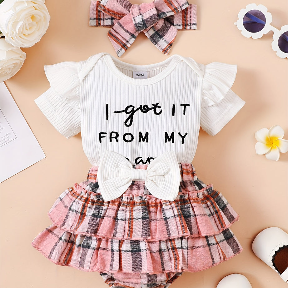 2 pcs Baby Girls I Got It From My Mama Embroidered Outfit Set - Onesie & Tiered Plaid Skirt - Cute, Comfortable & Stylish Casual Wear for Adorable Everyday Style