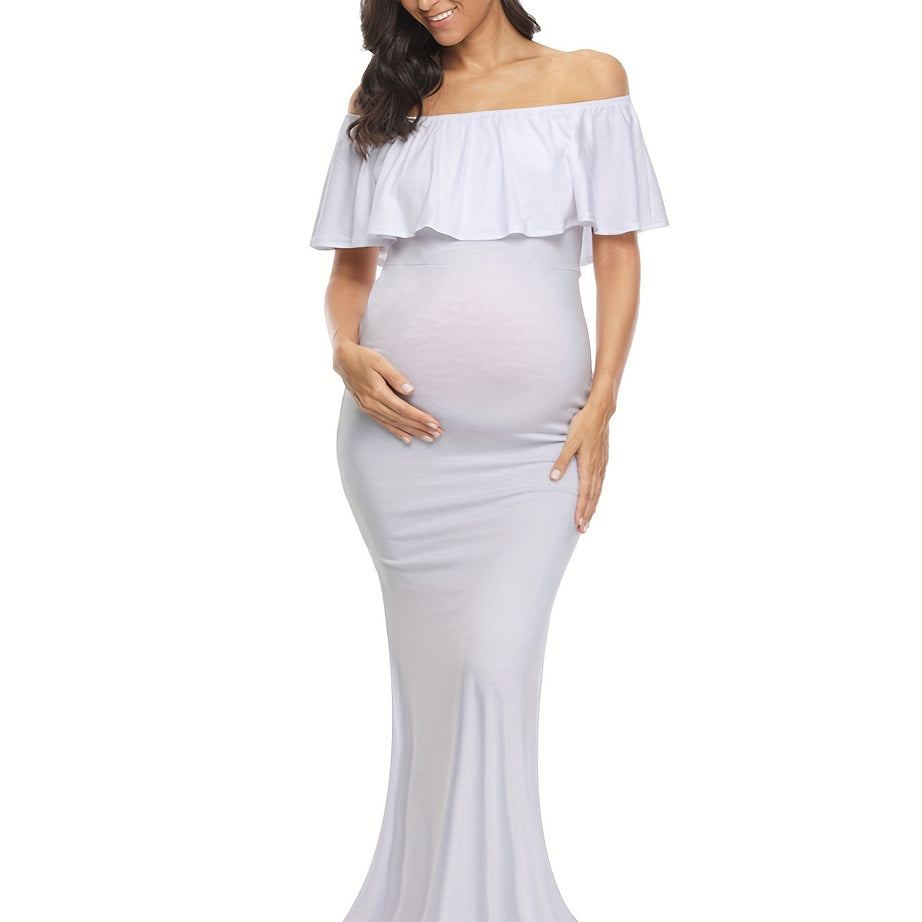 Womens Off Shoulder Maternity Dress Ruffles Elegant Slim Gowns Fit Maxi Photography Dress