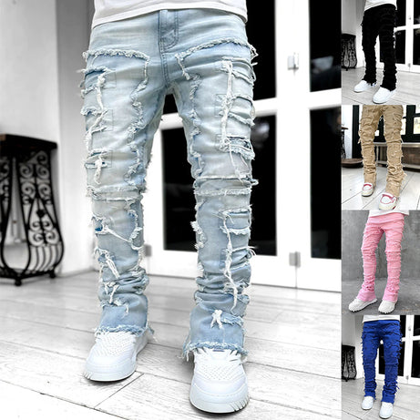 Mens Patched Stacked Jeans