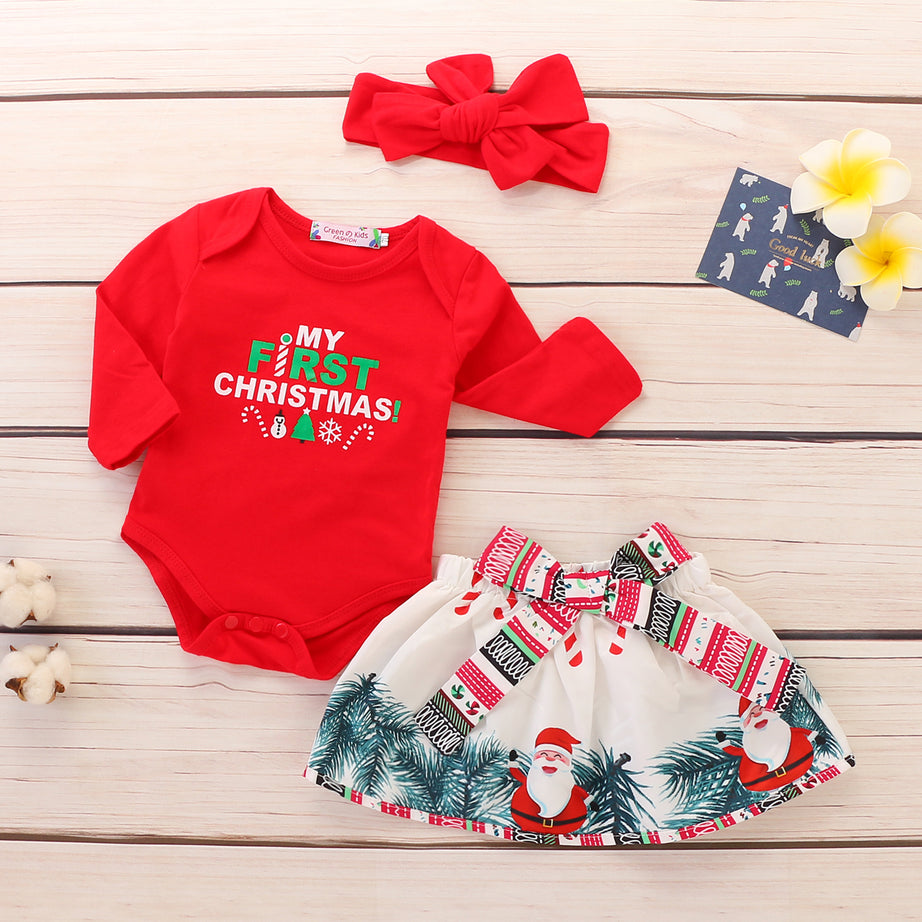 My First Christmas Girl Clothes Baby Girl Clothes Set 3Pcs Pure Red Tops Bodysuit+Bow Skirt+Headband Baby Christmas