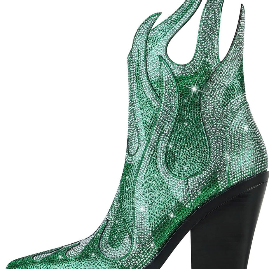 Flame Rhinestones Women Crude Heel High Heels Ankle Boots