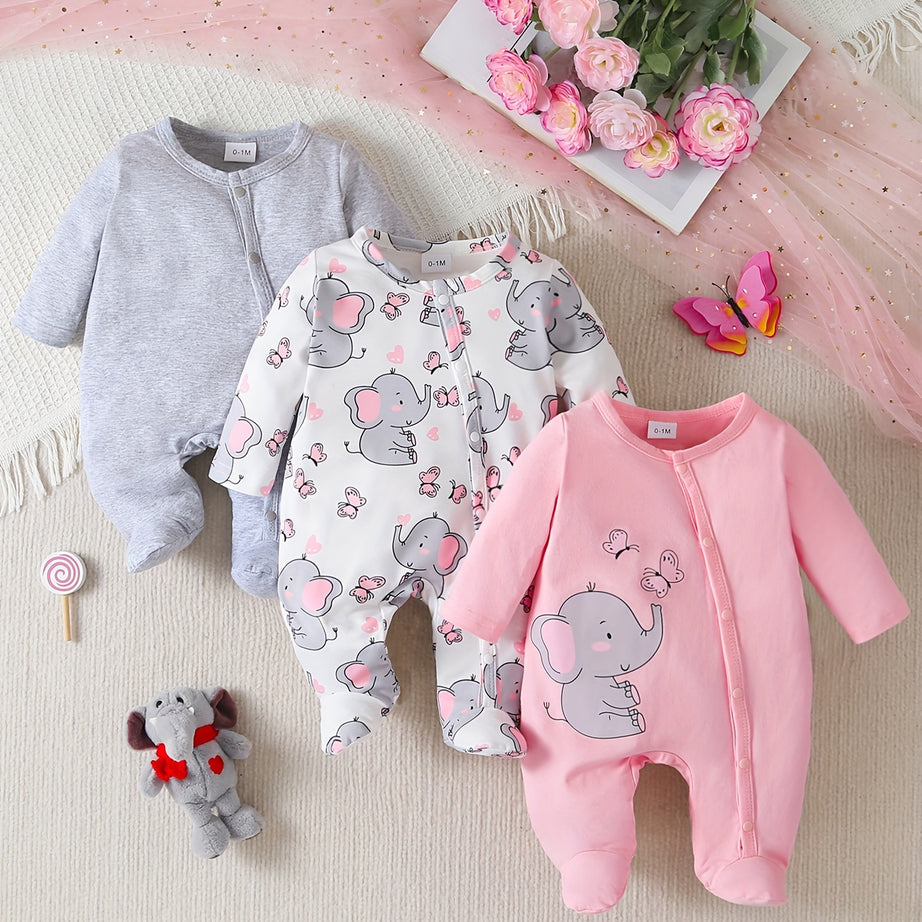 3pcs Adorable Elephant Print Newborn Baby Girl's Comfy Long Sleeve Footie Romper Set - Soft, Breathable, Zipper Closure, Footed Design for Easy Changes - Perfect for Spring and Fall Seasons, Toddler and Infant Wear