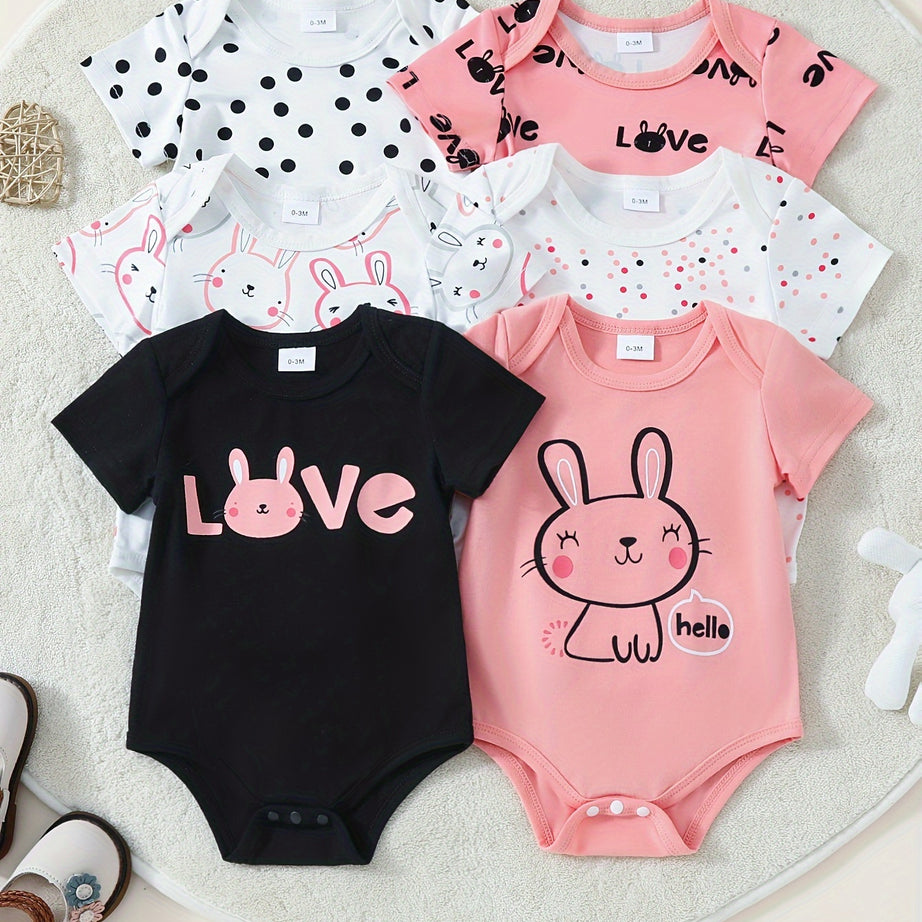 6-Piece Newborn Baby Girl Onesies Set - Soft Cotton, Adorable Bunny & Letter Prints - Casual Short-Sleeved Bodysuits for Everyday Comfort