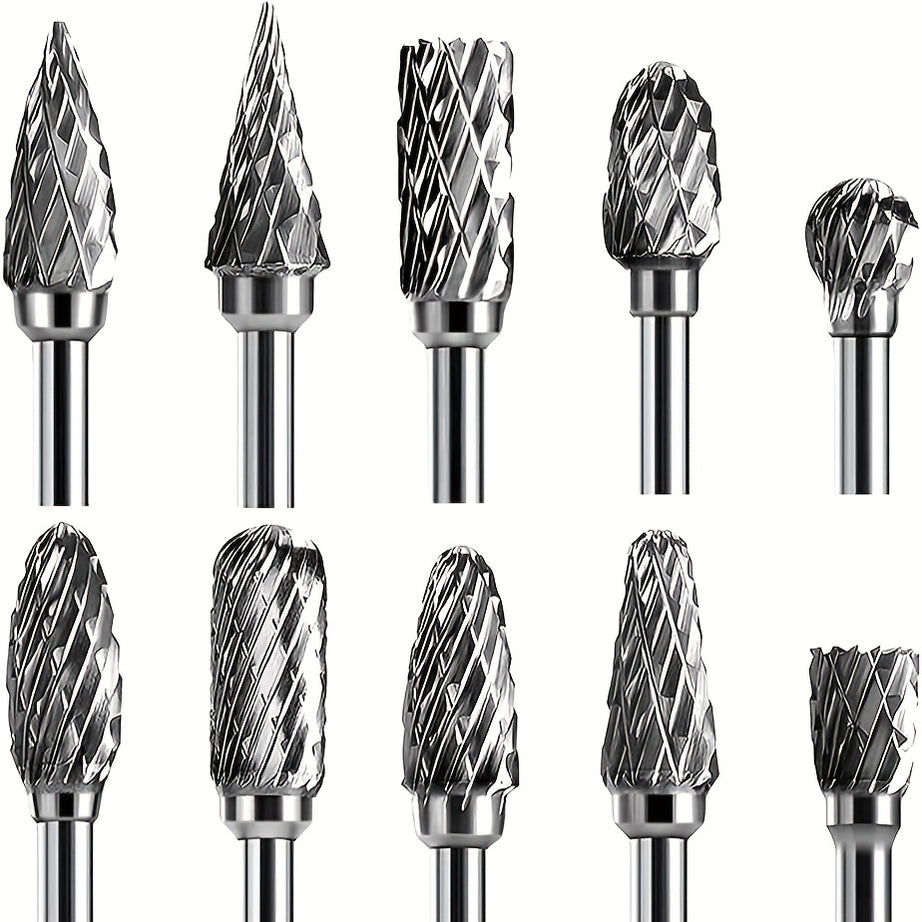 10pcs Double Cut Carbide Rotary Burr Set - 1/8" Shank, 1/4" Head Length Tungsten Steel For Woodworking, Drilling, Metal Carving, Engraving, Polishing