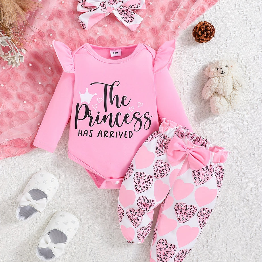 2pcs Infant & Toddler's "The Princess Has Arrived" Print Casual Set, Romper & Headband & Heart Pattern Pants, Baby Girl's Clothes