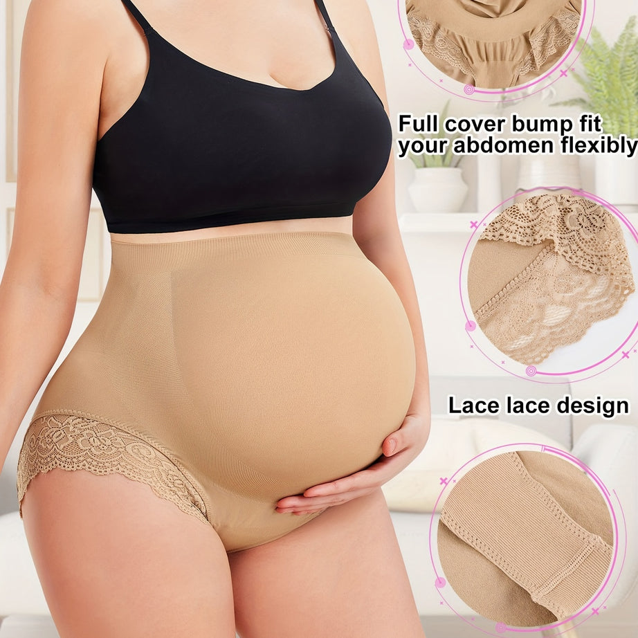 Women's Maternity Solid 3Pcs Underwear, Lace Boxer Briefs Belly Support