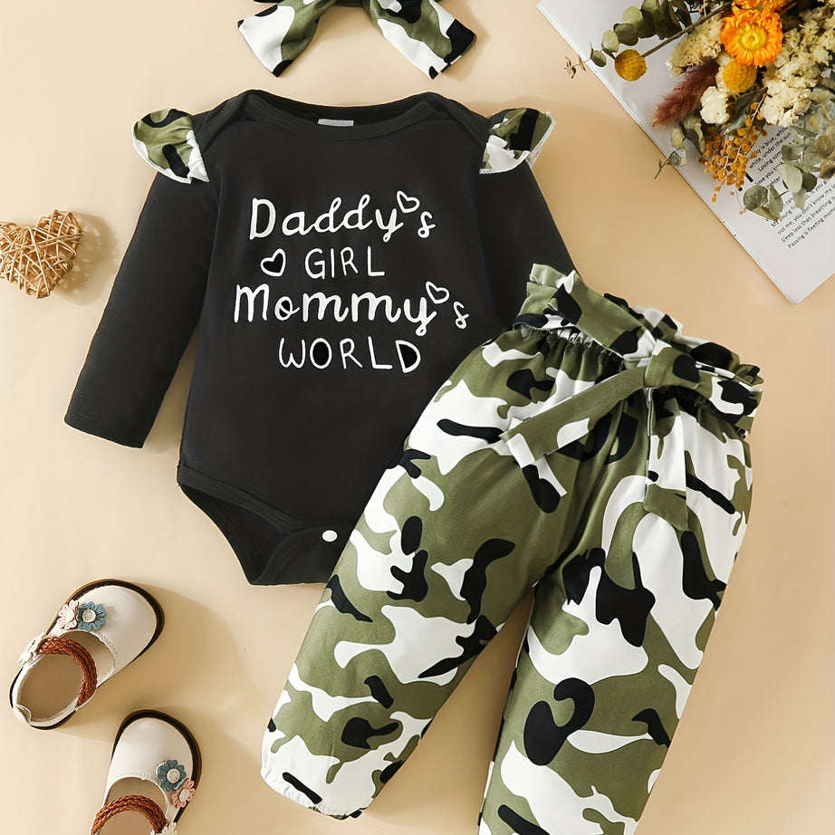 3-Piece Baby Girls Adorable Alphabet Print Long Sleeve Creeper Romper Set with Camouflage Pants and Headwear - Soft Medium Stretch Fabric, Knotted Details, Regular Fit, and Cute Style for Spring/Fall Season