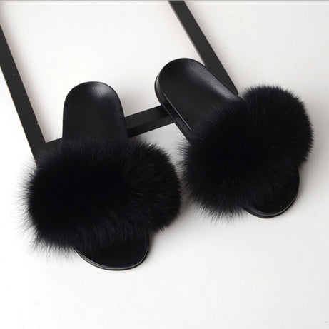 Women Flat Non-slip Solid Fox Fur Slides Real Fox hair Slides Large Size Slippers