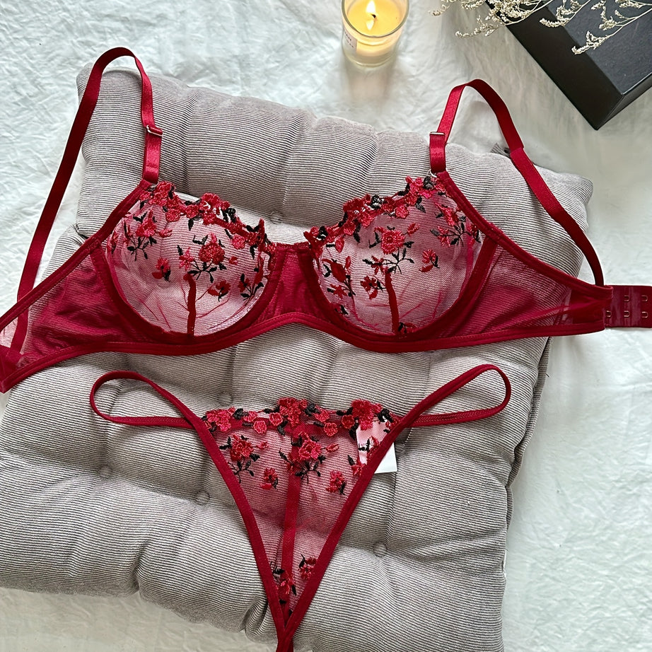 Floral Embroidery Lingerie Set, Sheer Unlined Bra & Mesh Thong, Women's Sexy Lingerie & Underwear