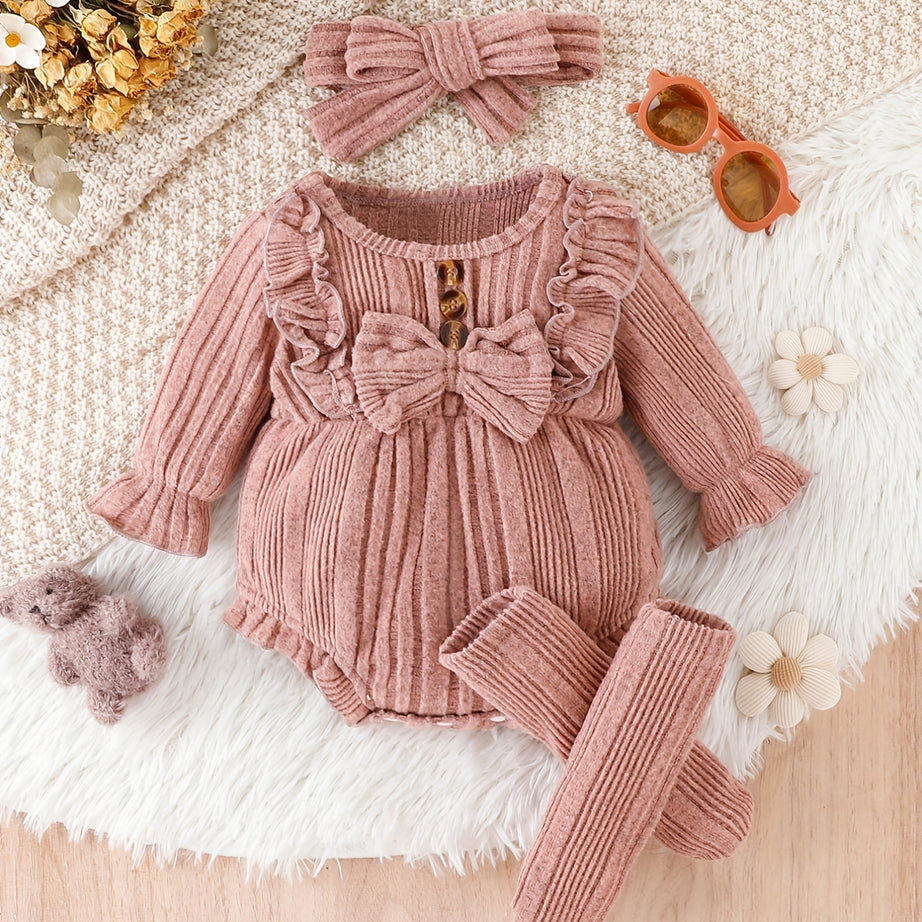 3-Piece Adorable Baby Girl Onesie Set - Ruffled Lace, Bow, Headband, and Socks - Soft, Warm, and Cozy Fall Winter Outwear for Pregnant Moms and Newborns - Perfect Gift for Baby Showers