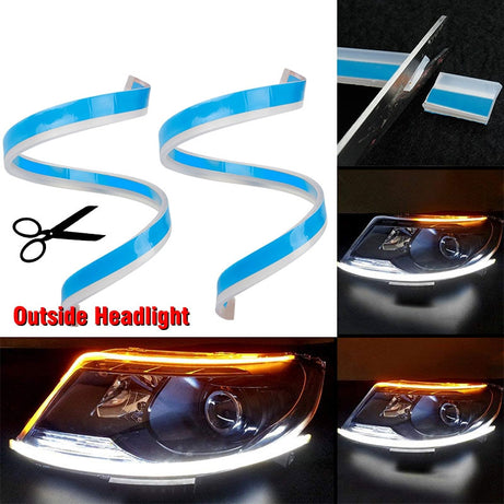 60cm New Slim Amber Sequential Flexible LED DRL For Headlight Strip Daytime Running Light With Yellow Turn Signal Lamp 12V