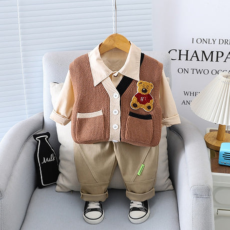 Boys woolen bear vest long sleeved three piece suit