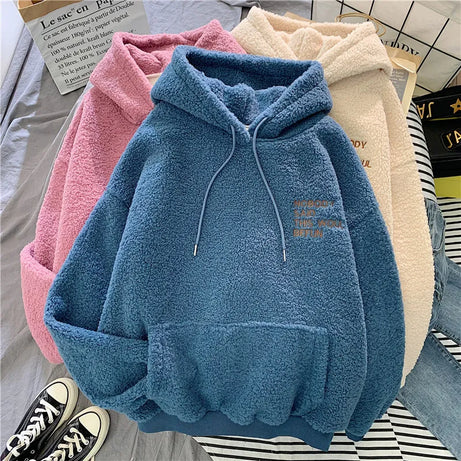 Loose Pocket Hoodies Womens Fleece Flannel Pullover Female Sweatshirt