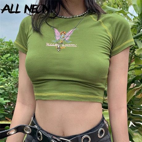 ALLNeon E-girl Butterfly Green Crop Tops Short Sleeve T-shirts