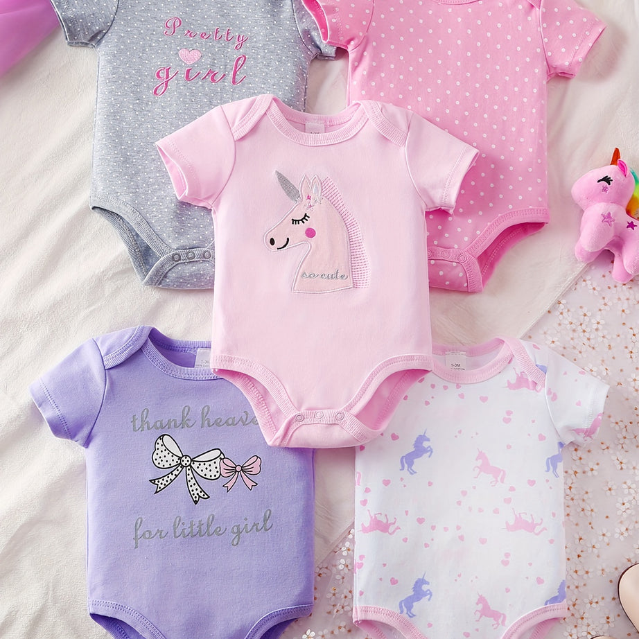 5-Piece Set Adorable Cartoon Triangle Baby Girl Onesie Crawling Suit - Soft Cotton, Animal Pattern, Regular Fit, All-Season, Knit Fabric for Comfortable Daily Wear