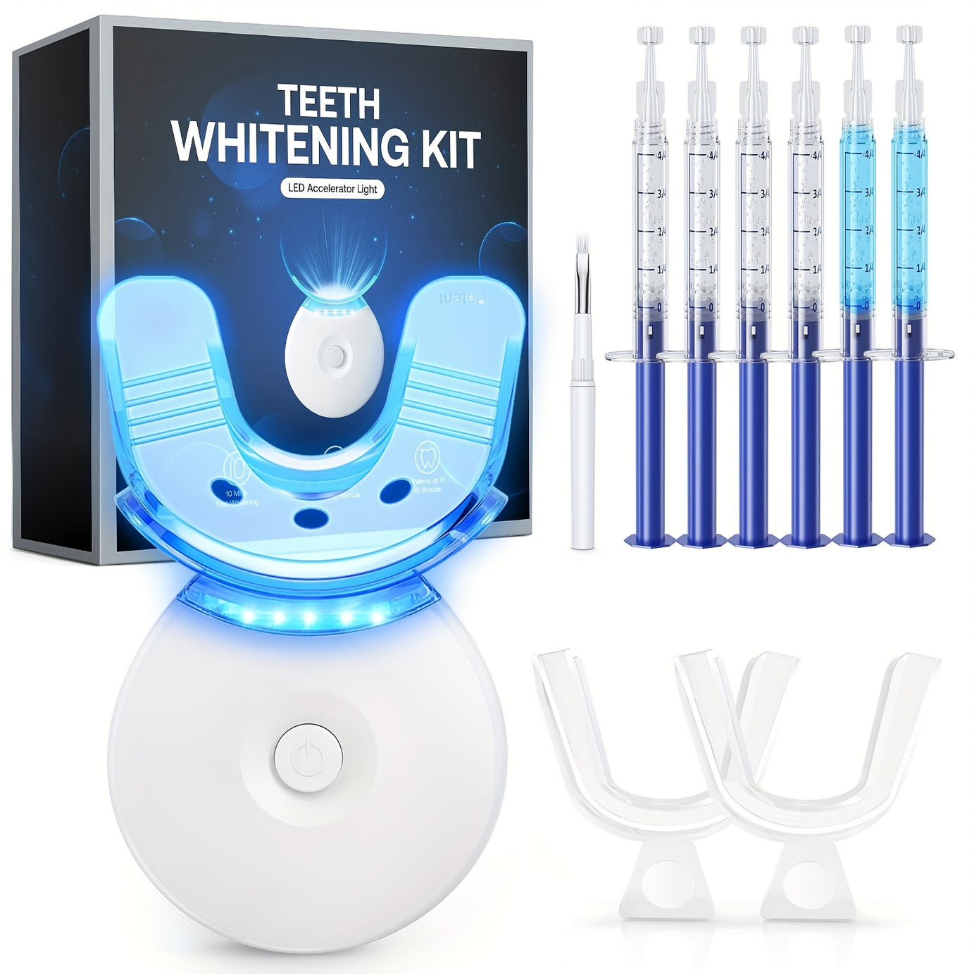 Teeth Whitening Kit, LED Teeth Whitening Light with 6 X 3ml Carbamide Peroxide Teeth Whitening Gel, Included 2 Mouth Trays & Tray Case and Brush, Safe Enamel, Fast and Gentle Teeth Whitening