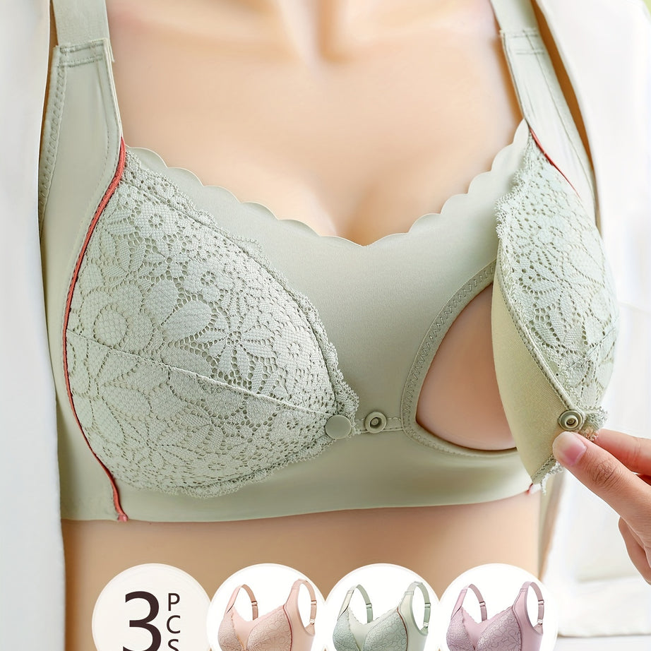 Women's Maternity 3Pcs Breast Feeding Bra With Floral Pattern