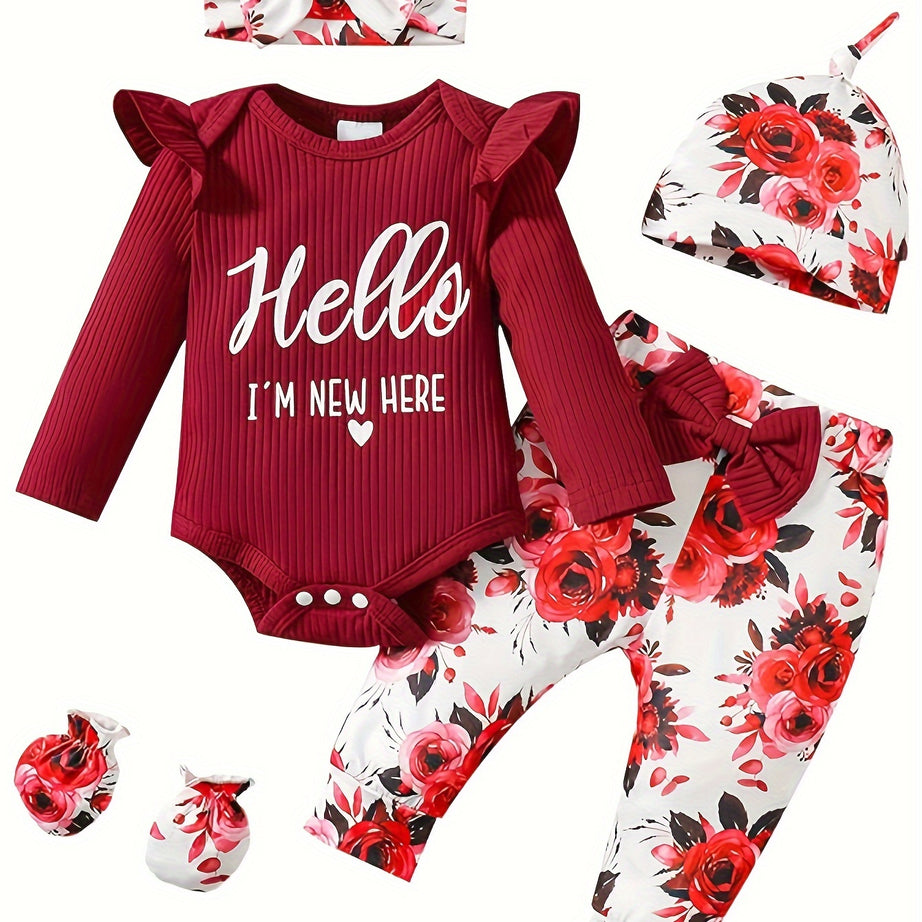 Adorable Newborn Baby Girl Romper Set - Pant Sets with Hello I'm New Here Letter, Floral Pants, Hat, Headband, and Gloves for Coming Home Outfits