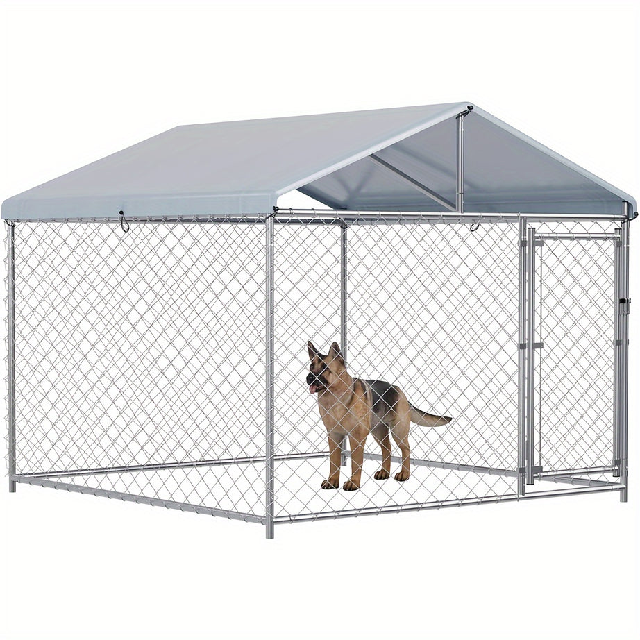 Large Dog Kennel Outside, Heavy Duty Dog Cage With Waterproof Cover, Galvanized Steel Dog Fence With Secure Lock, Dog Playpen For Backyard And Outdoor Use, Silver 78" L X 78" W X 67" H