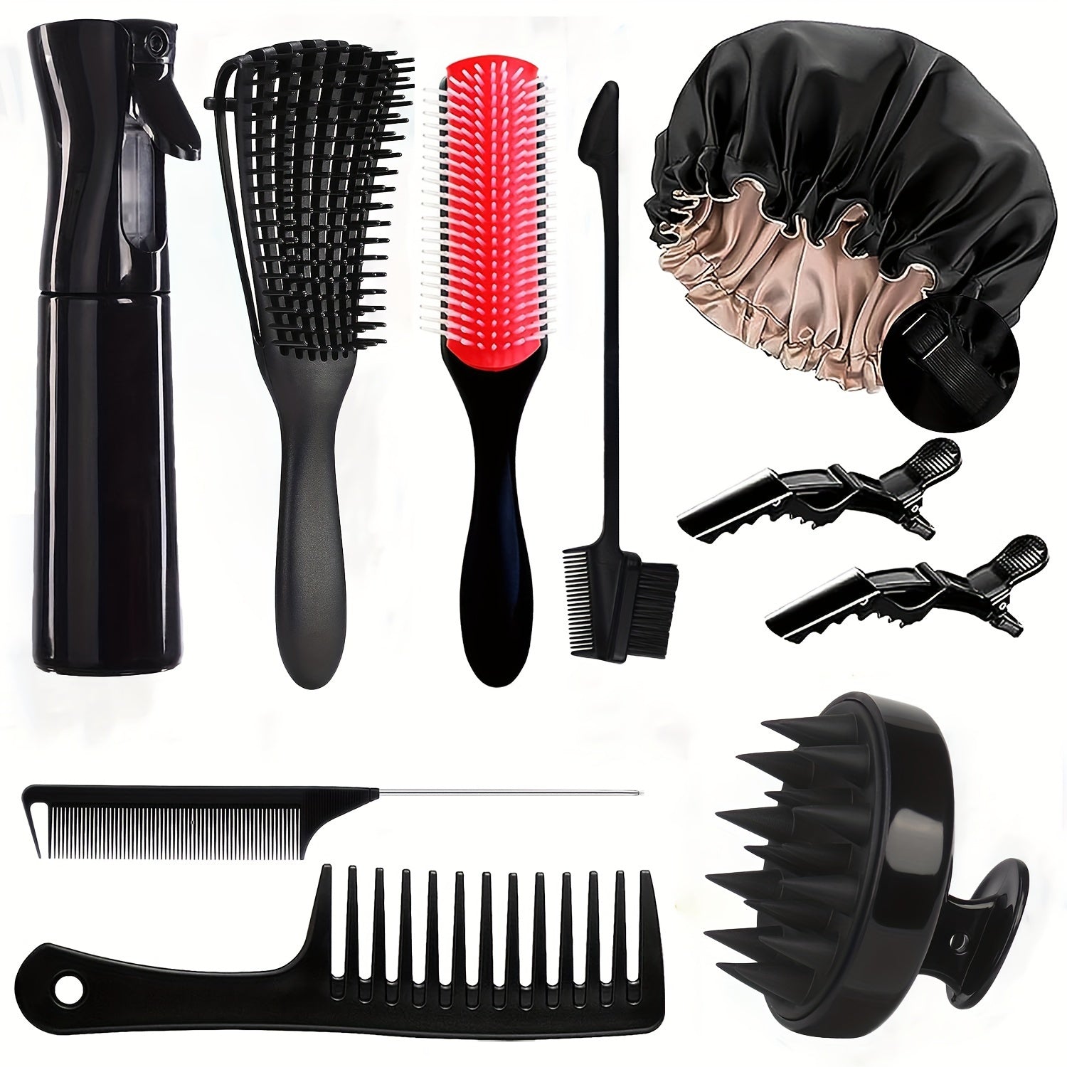 10pcs Detangling Brush Set, Detangling Brush And Comb For Natural Hair, Curly Hair Brush Set With Spray Bottle & Sleep Bonnet, Easier And Faster Detangling On Wash Days