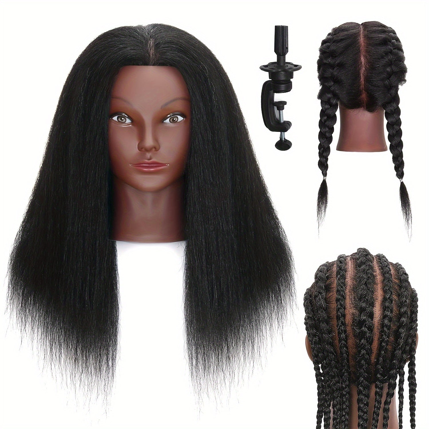 100% Real Hair Mannequin Head With Human Hair,Afro Fluffy Light Yaki Kinky Straight Textured Manikin Cosmetology Doll Head Hairdresser Practice Styling Braiding Training Head With Free Clamp Holder