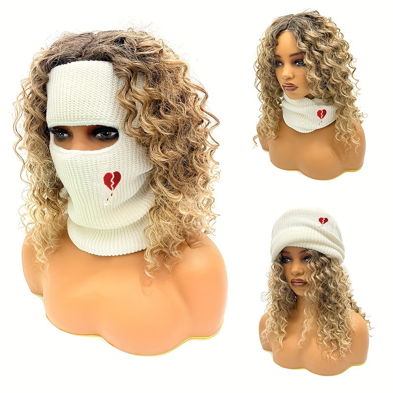 Topless Knit Balaclava Broken Heart Embroidery Solid Color Ski Mask Trendy Coldproof Beanies Warm Neck Gaiter For Women Men Autumn & Winter