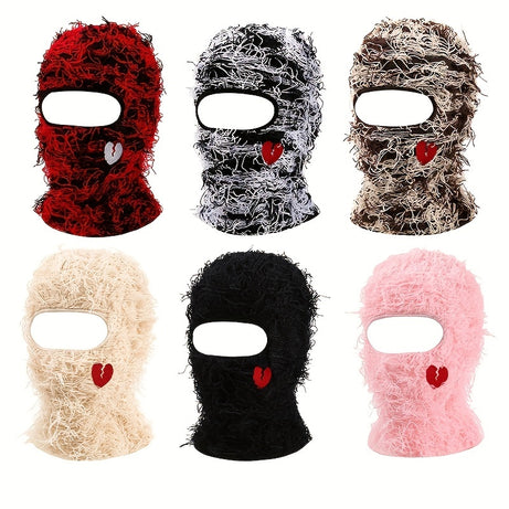 1pc Heart Embroidered Balaclava Single Hole Beanies Cap Unisex Stretch Hip Hop Hat, Stylish Cool Headgear Knit Warm Hat For Men & Women