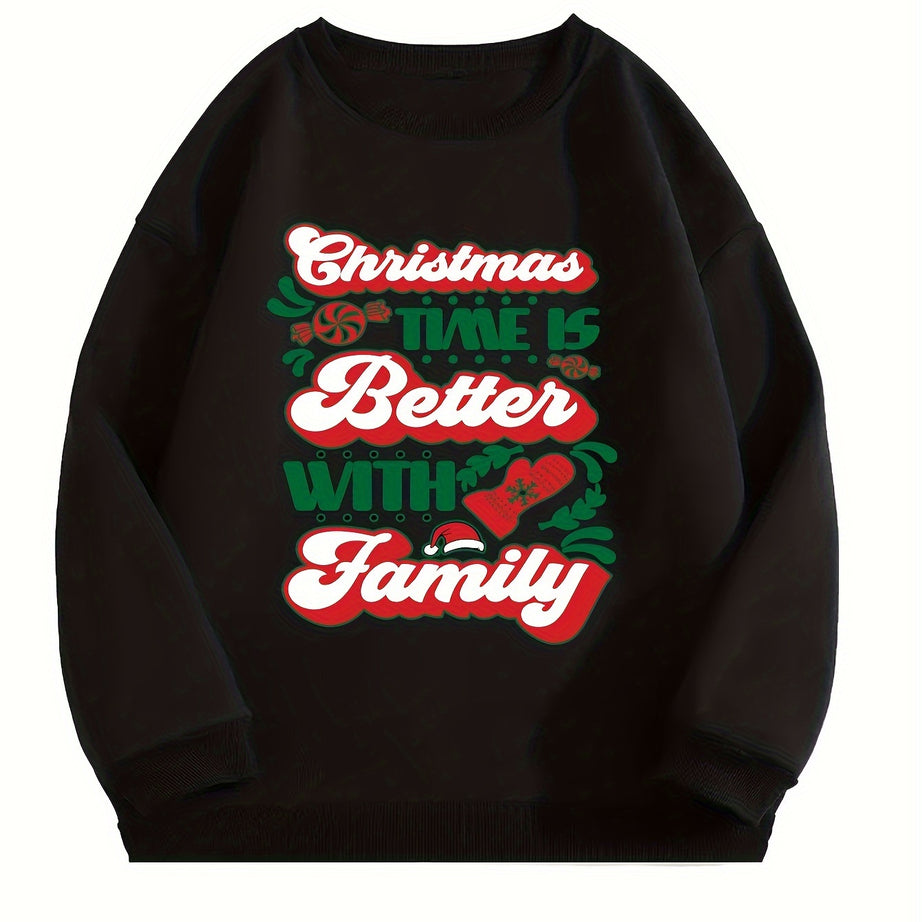 ''Christmas Time Is Better With Family'' Print Men's Graphic Round Neck Sweatshirt, Loose Trendy Pullover, Men's Clothing For Autumn Winter