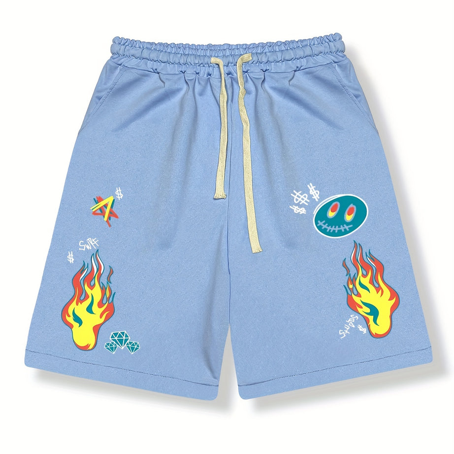 "Fire Smile" Graphic Print Solid Color Casual Slightly Stretch Graphic Drawstring Shorts, Men's Trendy Shorts For Summer