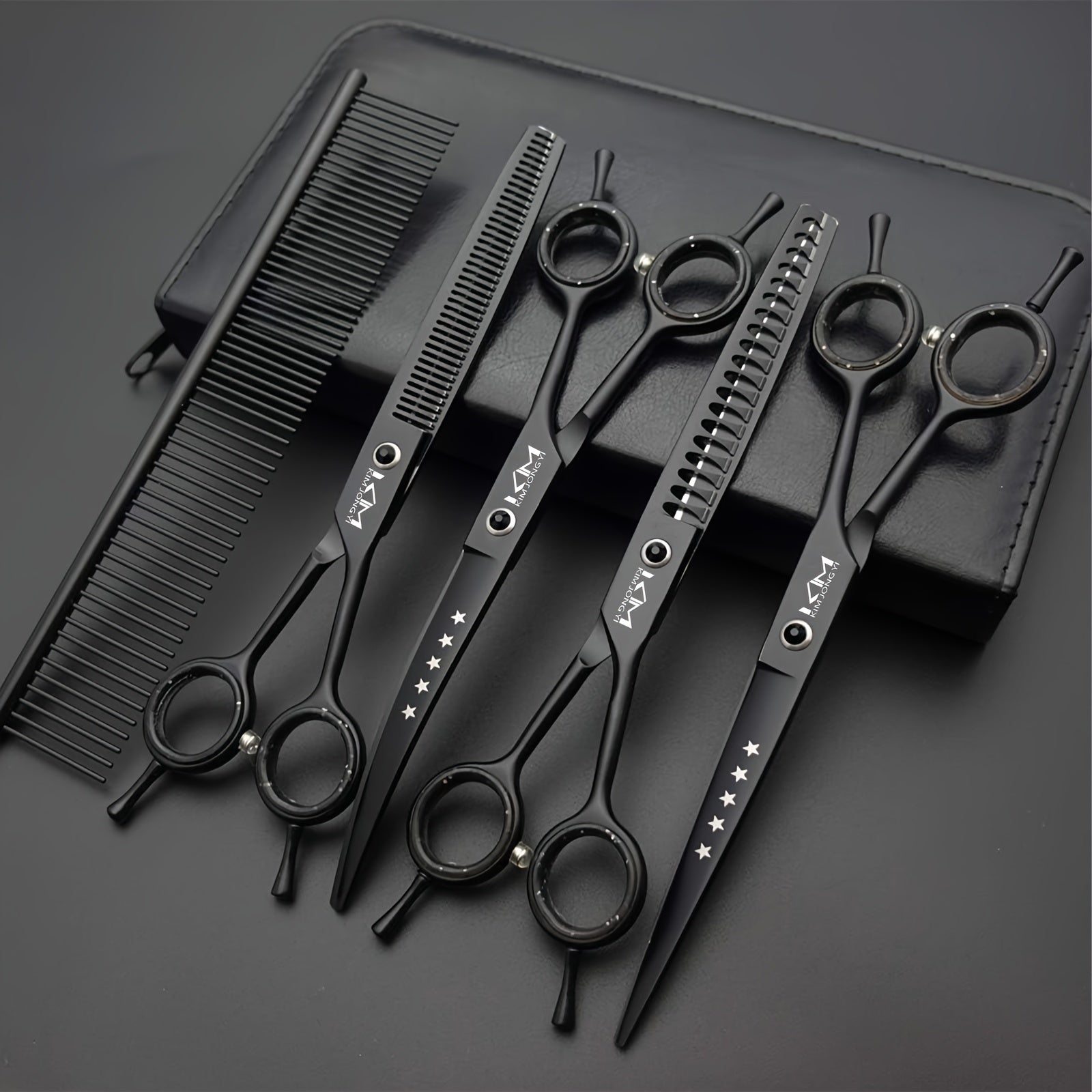 7.0 Inches Professional Dog Grooming Scissors Set Straight & Thinning & Curved & Chunkers & Comb 5pcs In 1 Set For Left-handed & Right Handed