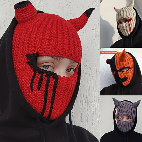 1pc Demon Horn Mask Headgear Halloween Funny Knitted Hat For Autumn And Winter Christmas Halloween Thanksgiving Day